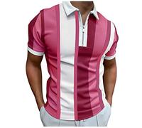 OverDose Boutique Light Shirt Men Male Casual Summer Color Splice Print Blouse T Shirt Turn Down Collar Short Sleeve Tops T Shirt Work T Shirts for Men (A0A-Hot Pink, XL)