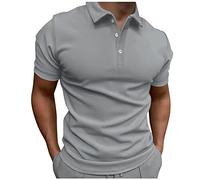 OverDose Boutique Size N Male Casual Striped Fabric T Shirt Turn Down Collar Short Sleeve Soild Color Top Summer Shirts for Men (Grey, XL)
