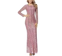 OverDose Boutique Women Long Sleeve Prom Dress Sequin Crew Neck Shiny Satin Slim Fit Formal Evening Dress Sparkly Evening Gowns for Women Formal (Pink, XL)