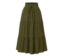 OverDose Boutique Women Skirts Elastic High Waist Maxi Skirts Vintage Solid Color Loose Casual Lace Up Skirt Summer Long Dresses Elegant A-Line Flowy Tiered Ruffle Boho Beach Skirt(A Green,XL)