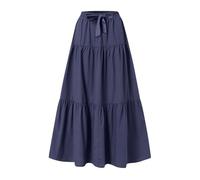 OverDose Boutique Women Skirts Elastic High Waist Maxi Skirts Vintage Solid Color Loose Casual Lace Up Skirt Summer Long Dresses Elegant A-Line Flowy Tiered Ruffle Boho Beach Skirt(Navy,L)