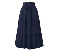OverDose Boutique Women Skirts Elastic High Waist Maxi Skirts Vintage Solid Color Loose Casual Lace Up Skirt Summer Long Dresses Elegant A-Line Flowy Tiered Ruffle Boho Beach Skirt(A Navy,XL)
