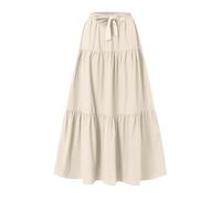 OverDose Boutique Women Skirts Elastic High Waist Maxi Skirts Vintage Solid Color Loose Casual Lace Up Skirt Summer Long Dresses Elegant A-Line Flowy Tiered Ruffle Boho Beach Skirt(Beige,XL)