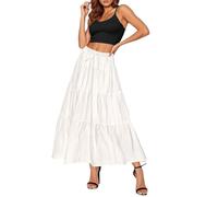 OverDose Boutique Women Skirts Elastic High Waist Maxi Skirts Vintage Solid Color Loose Casual Lace Up Skirt Summer Long Dresses Elegant A-Line Flowy Tiered Ruffle Boho Beach Skirt(B White,XXL)