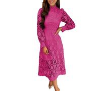 OverDose Boutique Women Summer Lace Hollowed Out Dress Slim Stand Collar Puff Sleeve Solid Long Dress Long Cotton Dresses (Hot Pink, XL)