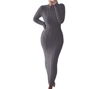 OverDose Boutique Women's Cable Knitted Dress Elegant Round Neck Wrap Jumper Dress Lightweight Solid Color Winter Maxi Dresses Casual Long Sleeve Pullover Dresses Trendy Pullover Sweater(A Grey,M)