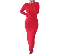 OverDose Boutique Women's Cable Knitted Dress Elegant Round Neck Wrap Jumper Dress Lightweight Solid Color Winter Maxi Dresses Casual Long Sleeve Pullover Dresses Trendy Pullover Sweater(A Red,XXL)