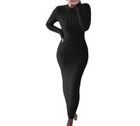 OverDose Boutique Women's Cable Knitted Dress Elegant Round Neck Wrap Jumper Dress Lightweight Solid Color Winter Maxi Dresses Casual Long Sleeve Pullover Dresses Trendy Pullover Sweater(B Black,XXL)
