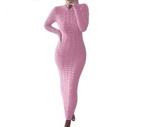 OverDose Boutique Women's Cable Knitted Dress Elegant Round Neck Wrap Jumper Dress Lightweight Solid Color Winter Maxi Dresses Casual Long Sleeve Pullover Dresses Trendy Pullover Sweater(B Pink,S)