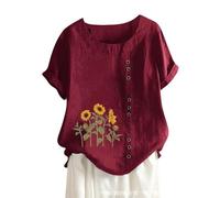 OverDose Boutique Women's Cotton and Linen Loose Fit Casual Sunflower Floral Print Short Sleeve Button Up Top Womens Long Sleeve Shirt Loose Fit (Wine, S)