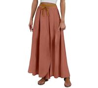 OverDose Boutique Womens Flowy Skirt Casual Elastic High Waist Solid Color Split Midi Skirt Vintage Pleated Elegant Lace Up Swing Dresses Holiday Vacation Beach Dresses(Pink,XXL)