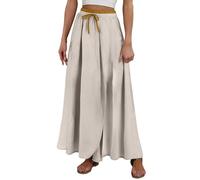 OverDose Boutique Womens Flowy Skirt Casual Elastic High Waist Solid Color Split Midi Skirt Vintage Pleated Elegant Lace Up Swing Dresses Holiday Vacation Beach Dresses(White,L)