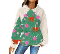 OverDose Boutique Women's Hoodie Christmas Graphic Print Hoody Long Sleeve Waffle Pleated Sweatshirt with Hood Round Neck Fashion Pullover Hoodies Casual Loose Sweatshirts with Pocket(Pink,L)