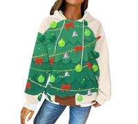 OverDose Boutique Women's Hoodie Christmas Graphic Print Hoody Long Sleeve Waffle Pleated Sweatshirt with Hood Round Neck Fashion Pullover Hoodies Casual Loose Sweatshirts with Pocket(Green,L)