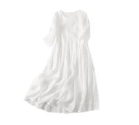 OverDose Boutique Women's Solid Round Neck Cotton Linen Double Layered Flowing Hem Long Casual Dress Womens Dresses Large (White-C, XXXL)