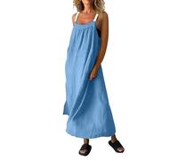 OverDose Boutique Women's Spring and Summer Casual Cotton and Linen Suspenders Dress Dressed for Womens Summer (Blue, XL)