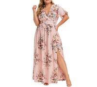 OverDose Boutique Women's V Neck Wrapped Print Hem with Split Print Dress Formal Plus Dresses for Women (Pink, XL)