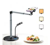 Overhead Phone Mount with Rechargeable & Gooseneck Light for Cooking Videos, Adjustable Desk Stand for Content Creators, Tripod for Hands-Free Video Recording, Compatible with Smart Phones