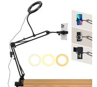 Overhead Phone Stand with Ring Light, Phone Arm Stand 3 Light Colors+10 Brightnesse with Adjustable Light, Desk Arm Stand with Dimmable LED Ring Light for YouTube Live Stream Cooking