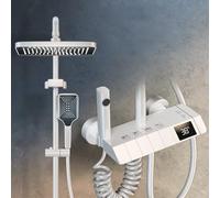 Overhead Shower Kit, Dual Shower Head with Handheld, Thermostatic Shower Mixer Set Piano Key Shower System Handheld Digital Display, Brass Waterfall Shower Faucet with Spray(Color:White)