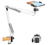 Overhead Tripod Mount for Camera Webcam Ring Light, Flexible Over Head Articulating Arm with Phone Holder and Ball Head, Desktop Suspension Scissor Accessory for Live Streaming,Video Recording(White)