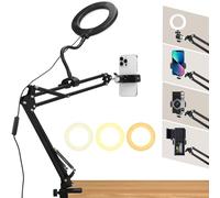 Overhead Tripod with Flexible Articulating Phone Holder, LED Ring Light & Desk Tripod for YouTube Live Stream, Cooking, Nail Video Recording