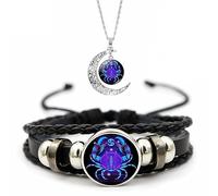 Overhil1s Zodiac Constellation Astrological Unisex-Adult Zodiac Jewelry Set, 12 Constellation Weave Leather Bracelet and Moon Pendant Necklace, Glows in the Dark, Adjustable Length, Birthday Gift
