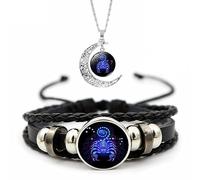 Overhil1s Zodiac Signs Spirit Bracelet, 12 Constellation Weave Leather Bracelet and Moon Pendant Necklace, Glow in the Dark Zodiac Bracelet for Men Women Girls Jewelry Gifts Set (Color : 8-Scorpio)