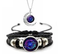 Overhil1s Zodiac Signs Spirit Bracelet, 12 Constellation Weave Leather Bracelet and Moon Pendant Necklace, Glow in the Dark Zodiac Bracelet for Men Women Girls Jewelry Gifts Set (Color : 12-Pisces)