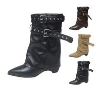 Overknee Boots Women's Fold Over Shark Boots with Block Heel Knee High | Boots Pointed Toe Half Boots Wide Calf Women's Boots Long Shaft Transition Boots Elegant Knee Boots