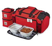 Overland Dog Gear Dog Travel Bag - Ultimate Week Away Duffel For Med And Large Dogs - Includes Bag, 2 Lined Food Carriers, Placemat, and 2 Collapsible Bowls Red