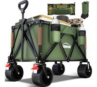 Overmont 150kg Festival Camping Trolley on Wheels - Heavy Duty Folding Beach Wagon Cart with Extra Wide Wheels, Adjustable Handle, Portable for Outdoor, Garden, Shopping, Fishing - Green