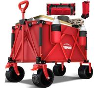 Overmont 150kg Festival Camping Trolley on Wheels - Heavy Duty Folding Beach Wagon Cart with Extra Wide Wheels, Adjustable Handle, Portable for Outdoor, Garden, Shopping, Fishing - Red