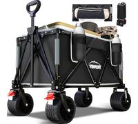 Overmont Festival Camping Trolley on Wheels - Heavy Duty Folding Beach Wagon Cart with Extra Wide Wheels, 330lbs Capacity, Adjustable Handle, Portable for Outdoor, Garden, Shopping, Fishing - Black
