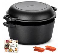Overmont 2 in 1 Cast Iron Dutch Oven with Cookbook Recipe 5 QT Dutch Oven Pot + 1.6 QT Dual Function Skillet Lid Pre Seasoned with Handle Covers for Camping Home Cooking BBQ Baking