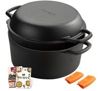 Overmont 2 in 1 Cast Iron Dutch Oven with Cookbook Recipe Dutch Oven Pot + Dual Function Skillet Lid Pre Seasoned with Handle Covers for Camping Home Cooking BBQ Baking