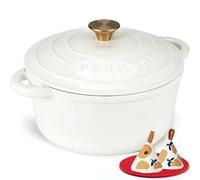 Overmont 24cm/4.2L Enamelled Cast Iron Round Casserole Dish With Lid,4.5QT, Cookbook -Non-stick Dutch Oven for Braising, Stews, Roasting, Bread Baking - Pearl White