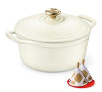 Overmont 4.2L Enamelled Cast Iron Round Casserole Pot With Lid Cookbook & Cotton Potholders - Non-stick Dutch Oven Cookware for Braising, Stews, Roasting, Bread Baking - White, 24cm