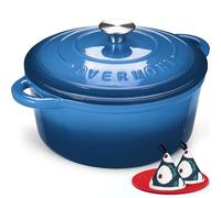 Overmont 4.2L Enamelled Cast Iron Round Casserole Pot With Lid Cookbook & Cotton Potholders - Non-stick Dutch Oven Cookware for Braising, Stews, Roasting, Bread Baking - Blue, 24cm