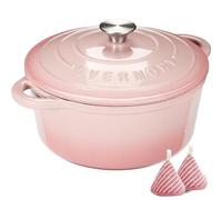 Overmont 4.2L Enamelled Cast Iron Round Casserole Pot With Lid Cookbook & Cotton Potholders - Non-stick Dutch Oven Cookware for Braising, Stews, Roasting, Bread Baking - Pink, 24cm