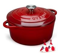 Overmont 4.2L Enamelled Cast Iron Round Casserole Pot With Lid Cookbook & Cotton Potholders - Non-stick Dutch Oven Cookware for Braising, Stews, Roasting, Bread Baking - Red, 24cm