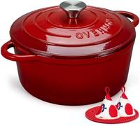 Overmont 26cm/5.2L Enamelled Cast Iron Round Casserole Dish, Cherry red | With Lid, 5.5QT, Cookbook -Non-stick Dutch Oven for Braising, Stews, Roasting, Bread Baking