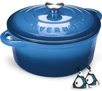 Overmont 26cm/5.2L Enamelled Cast Iron Round Casserole Dish, Sapphire blue | with Lid,5.5QT, Cookbook -Non-Stick Dutch Oven for Braising, Stews, Roasting, Bread Baking