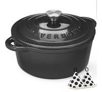 Overmont 26cm/5.2L Enamelled Cast Iron Round Casserole Dish With Lid,5.5QT, Cookbook -Non-stick Dutch Oven for Braising, Stews, Roasting, Bread Baking - Graphite gray