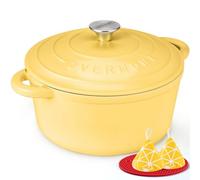 Overmont 26cm/5.2L Enamelled Cast Iron Round Casserole Dish With Lid,5.5QT, Cookbook -Non-stick Dutch Oven for Braising, Stews, Roasting, Bread Baking - Goose yellow