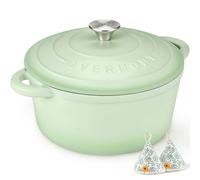 Overmont 26cm/5.2L Enamelled Cast Iron Round Casserole Dish With Lid,5.5QT, Cookbook -Non-stick Dutch Oven for Braising, Stews, Roasting, Bread Baking - Bean green