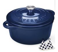 Overmont 26cm/5.2L Enamelled Cast Iron Round Casserole Dish With Lid,5.5QT, Cookbook -Non-stick Dutch Oven for Braising, Stews, Roasting, Bread Baking -Indigo
