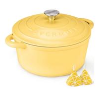 Overmont 26cm/5.2L Enamelled Cast Iron Round Casserole Dish With Lid,5.5QT, Cookbook -Non-stick Dutch Oven for Braising, Stews, Roasting, Bread Baking - Goose yellow