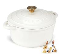 Overmont 26cm/5.2L Enamelled Cast Iron Round Casserole Dish With Lid,5.5QT, Cookbook -Non-stick Dutch Oven for Braising, Stews, Roasting, Bread Baking - Pearl White