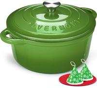 Overmont 26cm/5.2L Enamelled Cast Iron Round Casserole Pot,Forest green | With Lid Cookbook & Cotton Potholders - Non-stick Dutch Oven Cookware for Braising, Stews, Roasting, Bread Baking